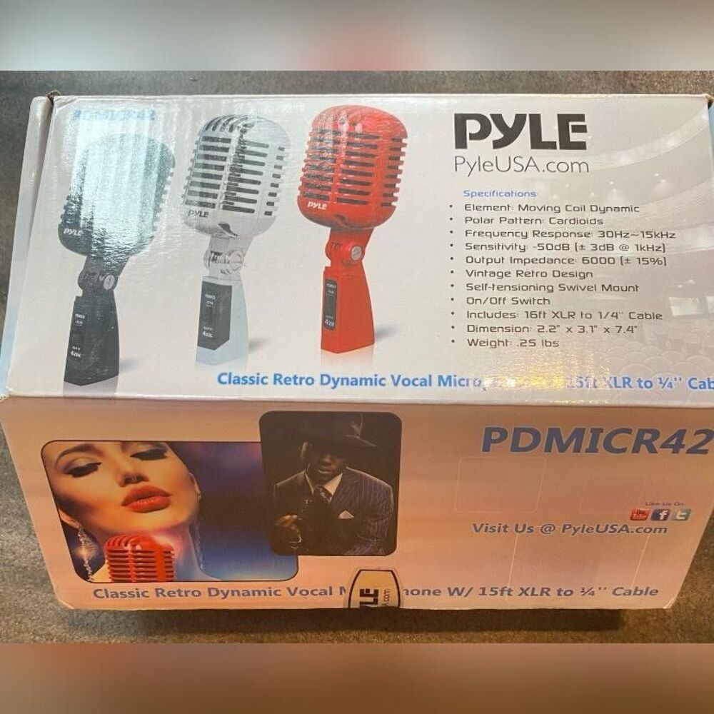 NIB Pyle PDMICR42 Classic Retro Dynamic Microphone Silver 16ft XLR Mic Cable